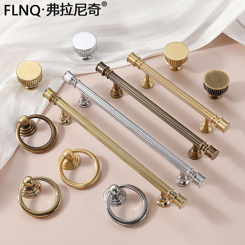Floriani New Brass Handle for Antique Style Cabinet - French Retro Straight Striped Full Copper Cabinet Knob