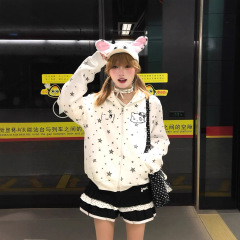 宅萌满印星星刺绣连帽卫衣女秋冬新款宽松慵懒风oversize外套上衣