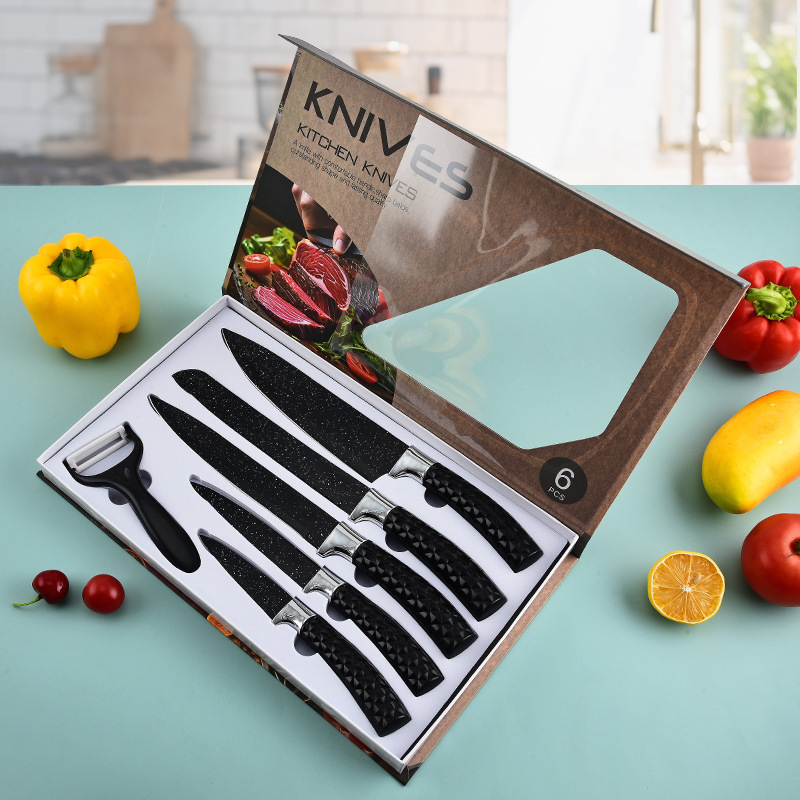 Cuchillo de mango de diamante de acero inoxidable 6 piezas cuchillo negro cuchillo de fruta cuchillo de cocina cuchillo de cocina cuchillo de cocina caja de regalo