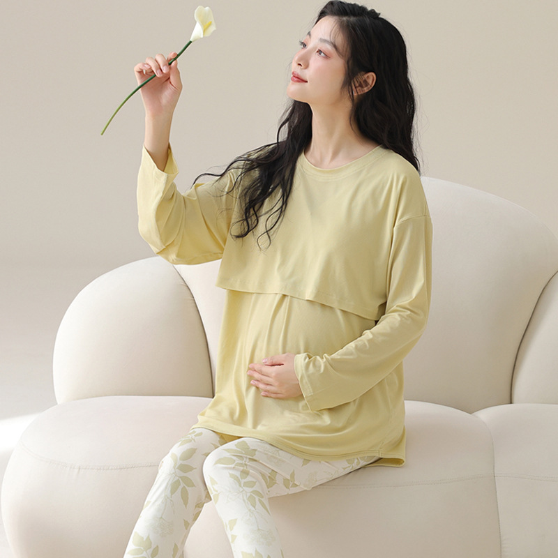 가슴 패드가 달린 산후복, 새로운 가을 겨울 긴팔 바지, 산모 잠옷, 산후 모유 수유 가정복, 라운드 넥