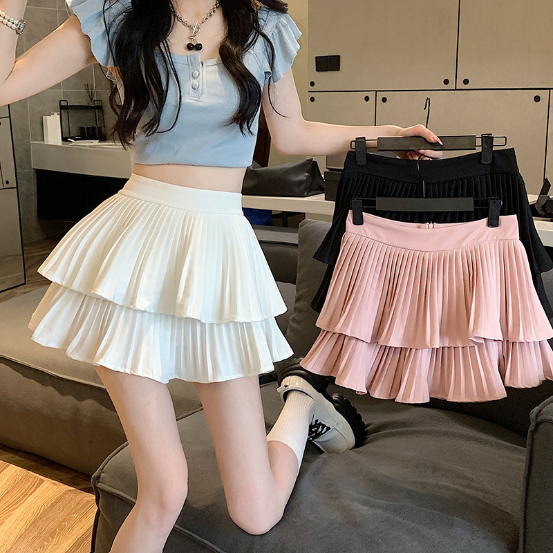 Double-Layer Cake Skirt Pleated Skirt 2025 Summer New High-Waisted Petite A-Line Short Skirt Puffy Skirt Umbrella Skirt