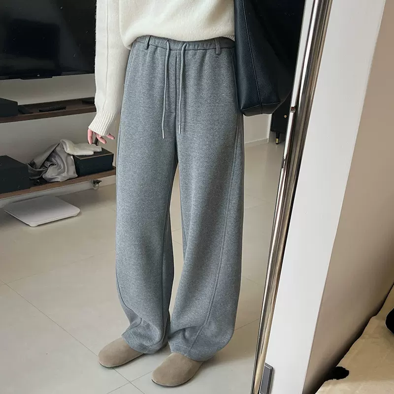 加厚香蕉阔腿裤女冬季新款灰色抽绳高腰宽松显瘦百搭廓形休闲长裤