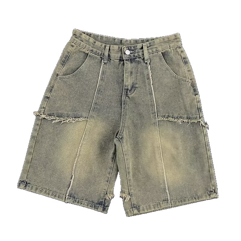 Men's Retro Style Distressed Denim Shorts Frayed Edge Patchwork Washed Loose Five Point Pants Summer Fashion_voghion.com
