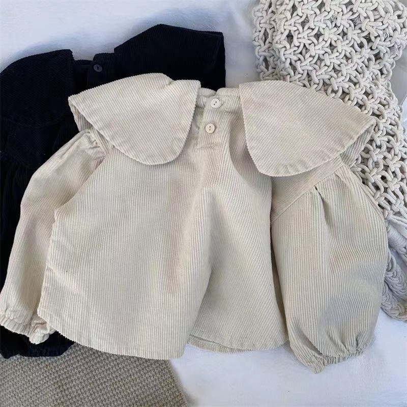 Cuello con volantes flor grande ropa para niños otoño nueva primavera de las muchachas estilo coreano bordado puff manga larga camisa moda