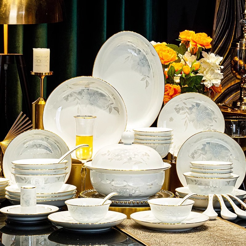 2024 Jingdezhen Kaolin Clay Celadon White Porcelain Tableware Bowl and Plate Set for Home Use, Housewarming, Light Luxury Ceramic Bowls and Chopsticks