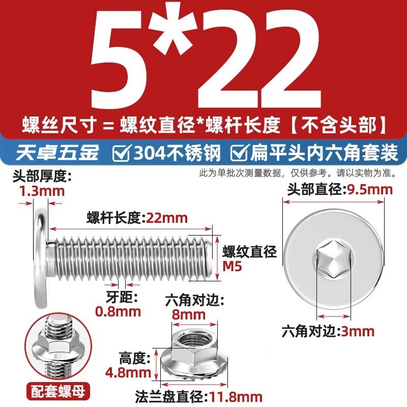 304不锈钢CM大平头超薄头C头扁平头内六角螺丝钉法兰边螺母套装M5|undefined