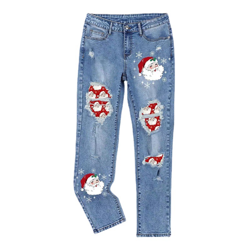 Women's winter Christmas jeans printed hole women's jeans_voghion.com