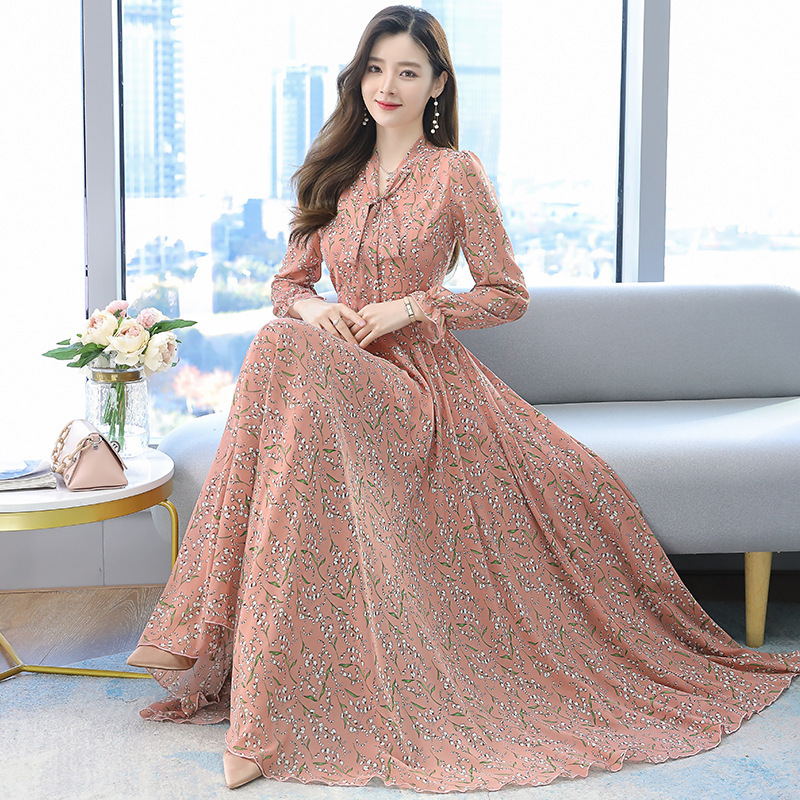 2026 Spring/Summer Women's New Long Dress Floral Chiffon Super Fairy Waist-Cinching Beach Flared Mid-Length Dress