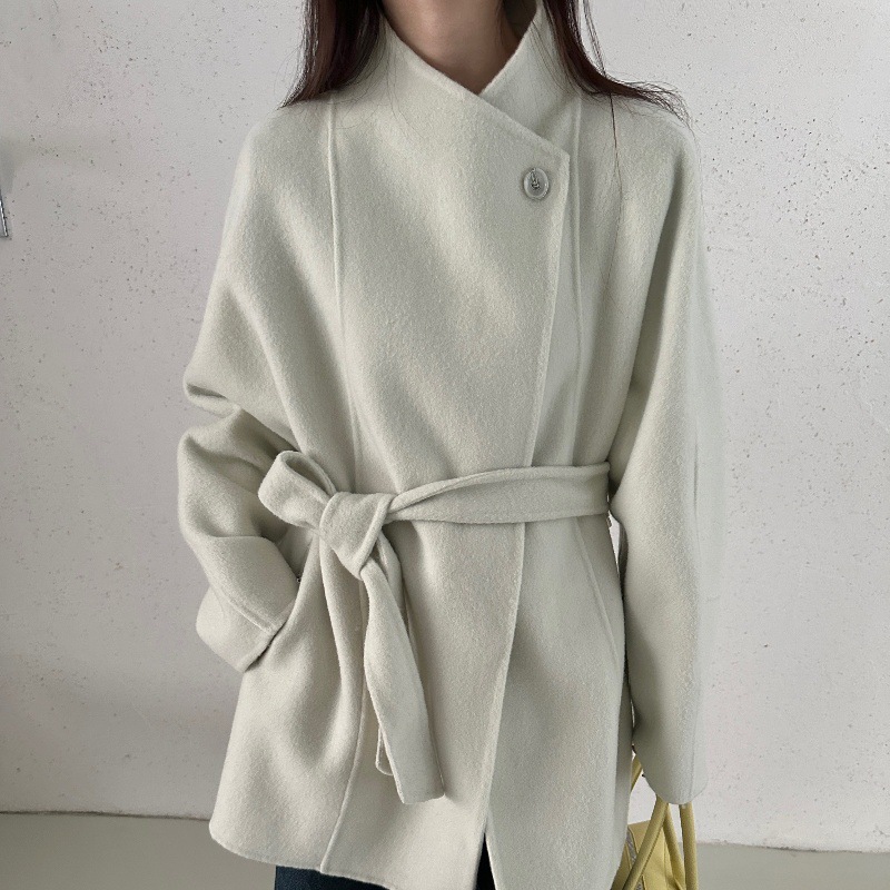 High-Quality Heavyweight Double-Sided Wool Coat for Women with Raglan Curved Sleeves and Belt, Mid-Length Wool Coat for Winter