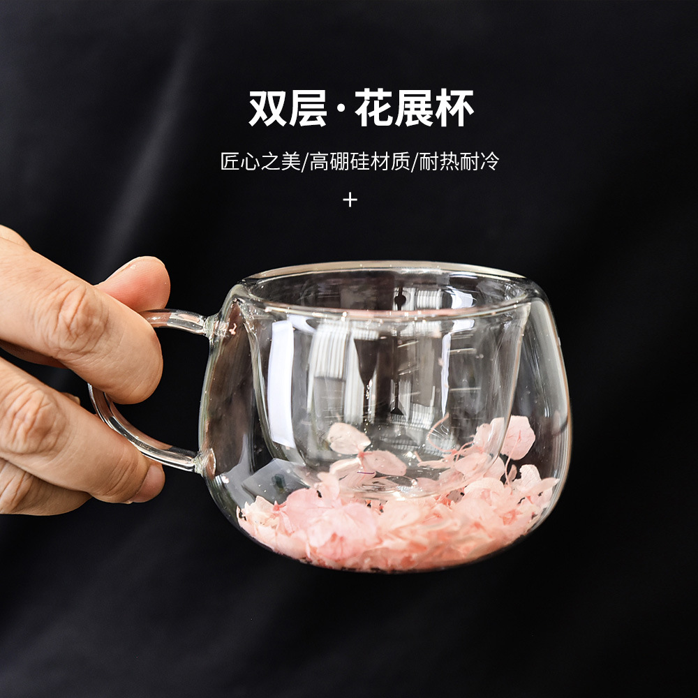 Taza de doble capa de alto borosilicato Taza de flor inmortal Taza de café de alto valor facial Taza de desayuno Taza de leche Taza de ceremonia de té Taza divisora de té