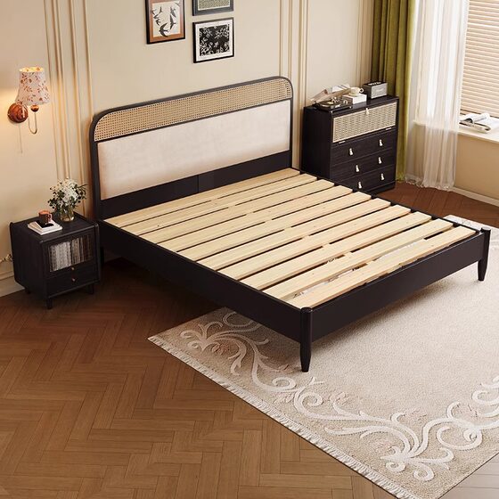 Antique Rattan Solid Wood Bed French Retro Simple Light Luxury Master Bedroom Soft Bag 1.8m Double Bed Simple Big Bed