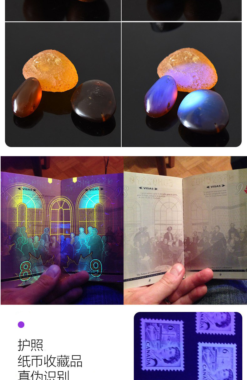 Ultraviolet Flashlight for Identification Using 65Nm Light to Detect Jade, Emerald, Tobacco, Alcohol, and Counterfeit Money, Wood-Style Uv Flashlight