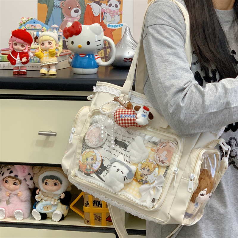 Japanese-Style Lace Transparent Ita Bag, Anime Soft Girl Single Shoulder Crossbody Bag, Female Student Class Commute Tote Bag