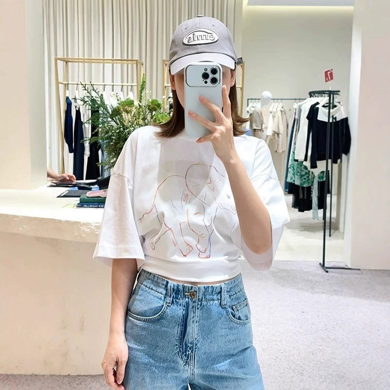 2025 новая летняя белая футболка с коротким рукавом и принтом слона из чистого хлопка, женская повседневная простая свободная футболка с принтом
