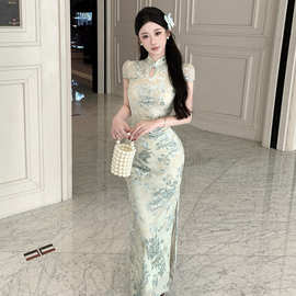 WDS6431东南亚跨境女装批发中式鎏金网纱旗袍修身细闪开衩连衣裙