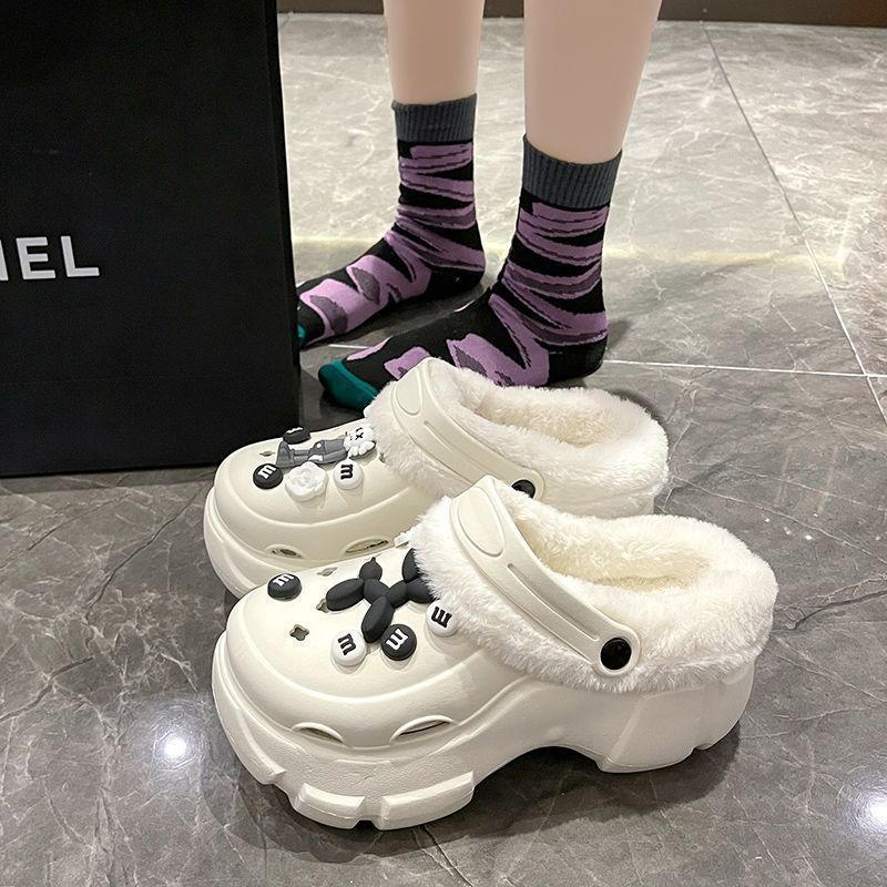 可爱卡通洞洞鞋女2025年冬季加绒保暖厚底防滑可拆卸外穿增高棉鞋|undefined