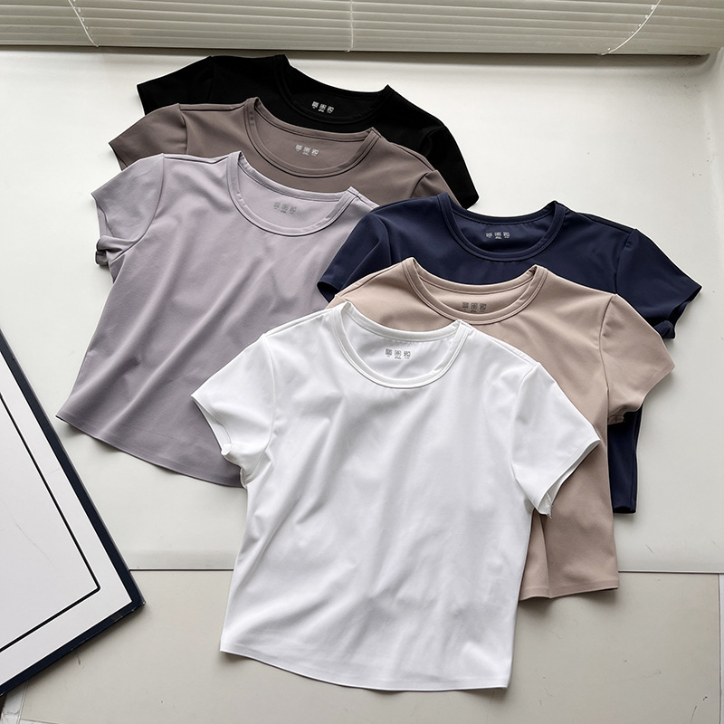 Style Hot Girl Style Navel-Baring Short T-Shirt Women's Stretch Slim Quick-Drying Round Neck Short-Sleeved Top 465762