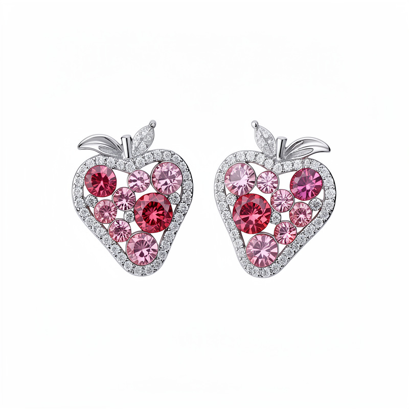 Aguja de plata rosa con diamantes pernos de fresa temperamento delicado dulce pendientes frescos ligeros de lujo alta sensación de auriculares al por mayor image 6