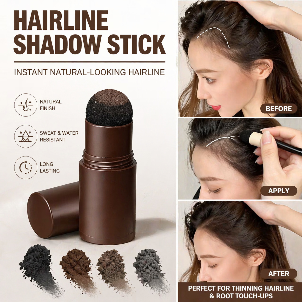 Hairline contouring powder, hair filling powder, hair replacement product, concealer for sparse hair and high forehead, contouring pen for women.