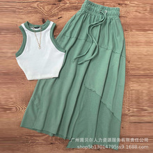 ODL2023系列女装欧美撞色背心上衣+A摆半裙套装2件套