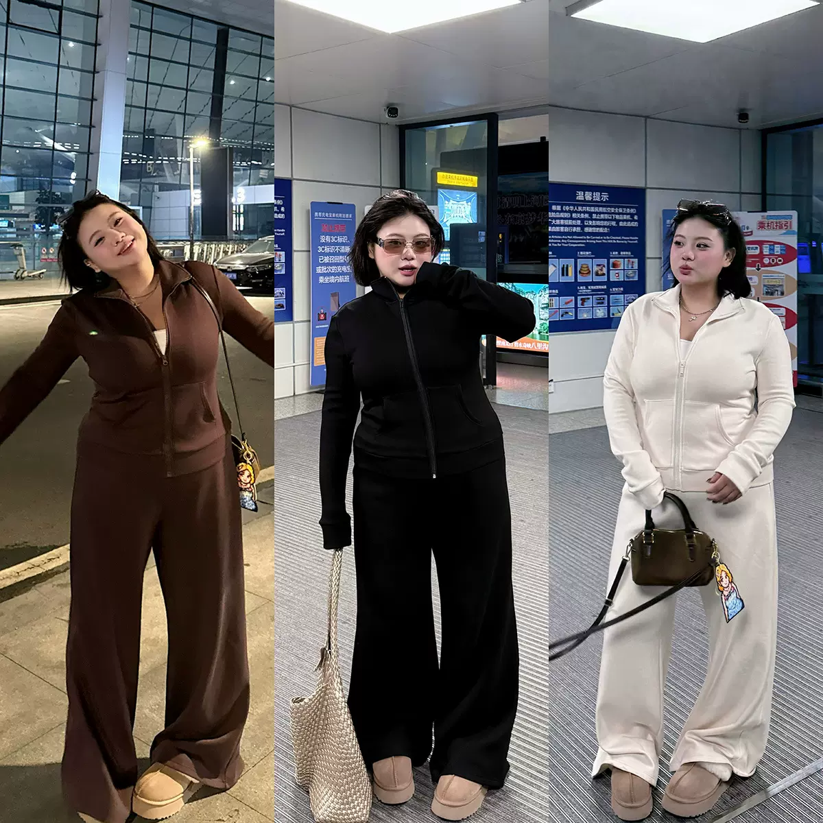 全球花【懒人出行】大码lu系加绒运动休闲套装修身卫衣外套高腰裤