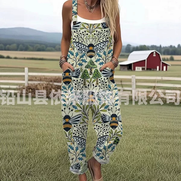 Cross-Border Women's Clothing Amazon European and American Summer Digital 3D Printed Buttoned Suspenders Casual Overalls