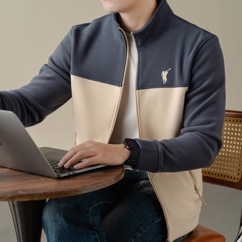 Paul Stand-Up Collar Jacket Men's Polar Fleece Fleece-Lined Thickeneded Warm Autumn and Winter Zipper Cardigan Color Matching Sports Sweatshirt