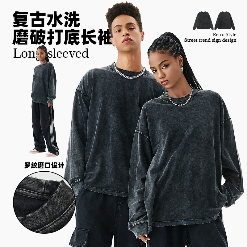 TILANI vintage lavado ropa de hombre 250g cáñamo algodón llanura desgaste artesanía diseño bottoming hombres de manga larga pareja desgaste