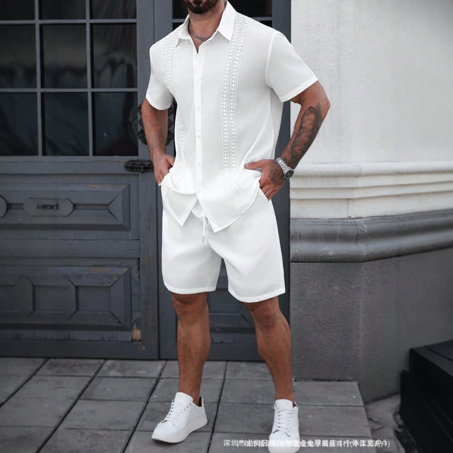 【M8312 Lace White Suit】European and American Sports Casual Foreign Trade Cross-Border Amazon Men's Suit