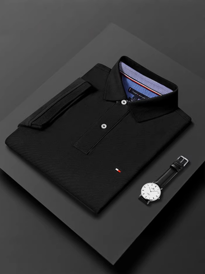 Original 26 New Products Tommy Pure Color Men's Polo Shirt Short-Sleeved Large Size Casual T-Shirt Loose Cotton Top