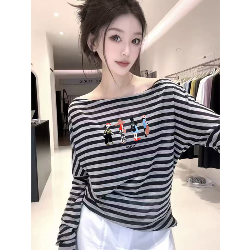 韩版黑色条纹一字领长袖t恤女春秋2025新款宽松洋气减龄百搭上衣|undefined