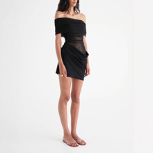 2025欧美亚马逊 一字领露肩性感优雅晚会礼服网纱迷你连衣裙