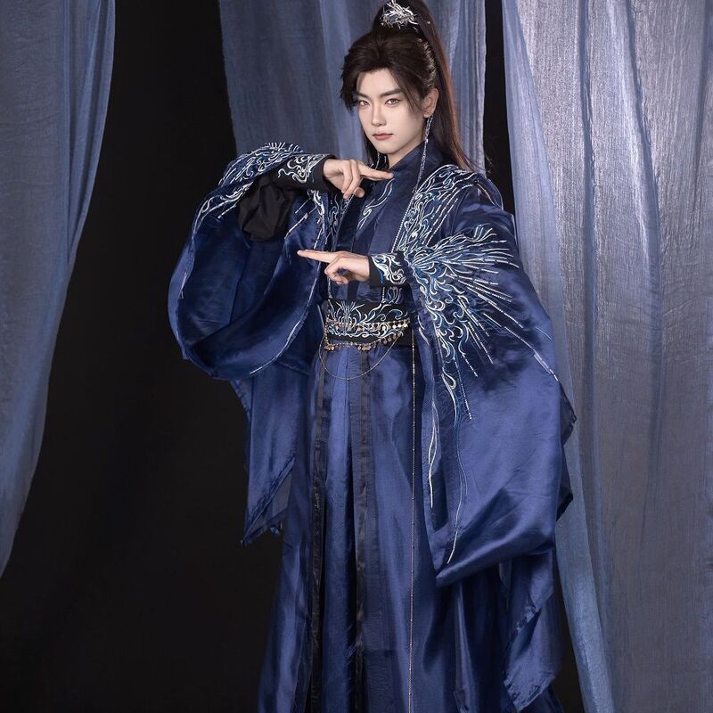 Original Hanfu for Men in Wei and Jin Dynasty Style, Blue Heavy Embroidery, Cross-Collar, Large Sleeves, Ancient Style, Fairy Tale, Martial Arts, Gentleman, Scholar, Ancient Costume Original Hanfu for Men in Wei and Jin Dynasty Style, Blue Heavy Embroidery, Cross-Collar, Large Sleeves, Ancient Style, Fairy Tale, Martial Arts, Gentleman, Scholar, Ancient Costume