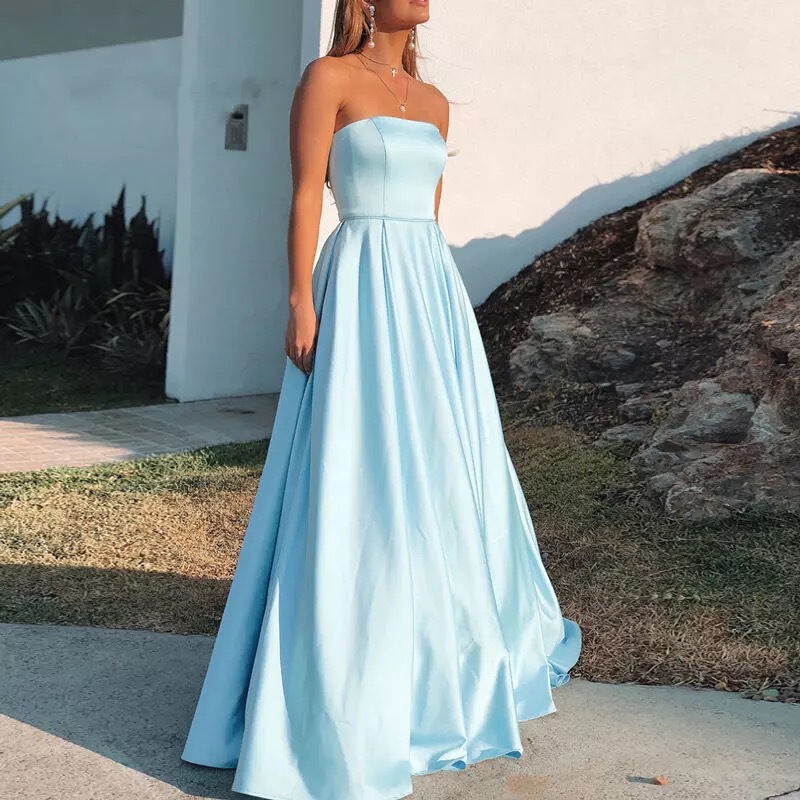 Amazon Aliexpress Hot Selling Long Simple Prom Party Blue Evening Dress