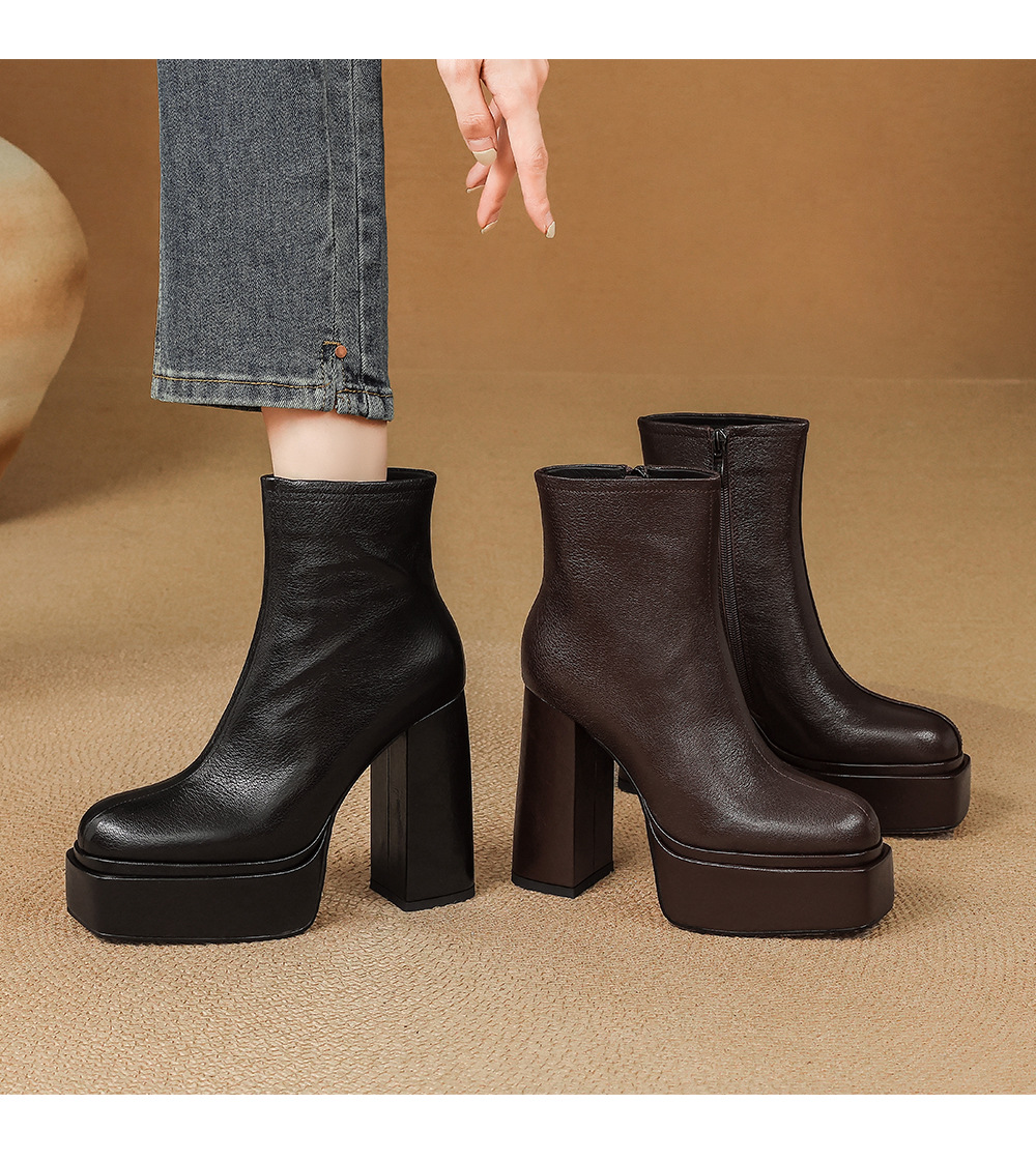 Boot nữ cổ cao ôm chân da dê mềm gót vuông đế xuồng 12.5 cm — Lớp lót nhung đen chi tiết 13