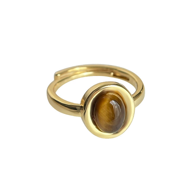Retro adjustable ring, tiger eye stone, light-luxury index-finger style, copper base