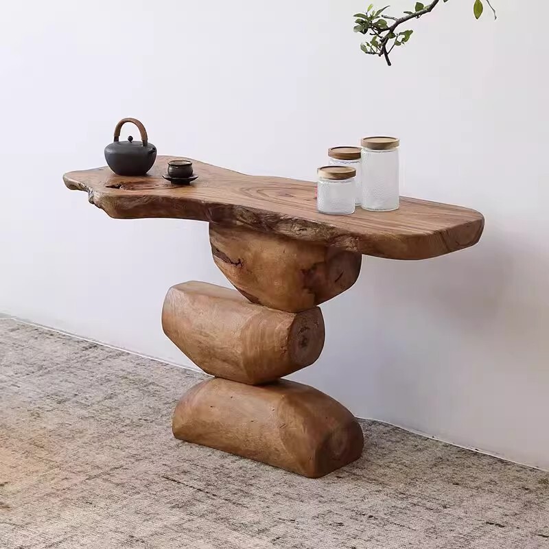 侘寂风碳化黑玄关台原木端景台靠墙玄关桌复古禅意磐石玄关入户桌|undefined