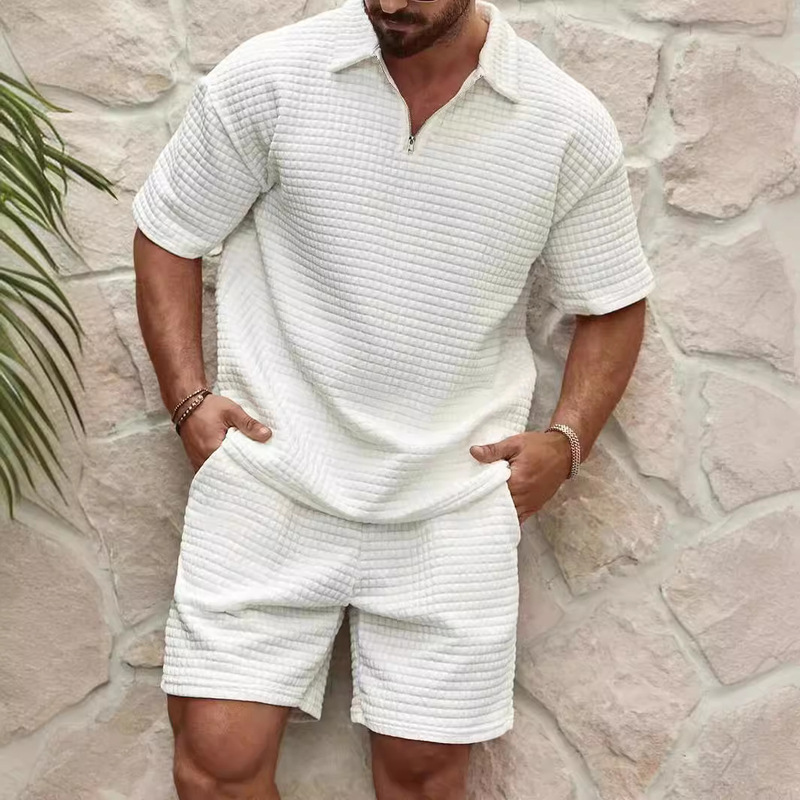 2024 summer foreign trade new men's leisure trend fashion comfortable waffle solid color turtleneck sports suit 2024 summer foreign trade new men's leisure trend fashion comfortable waffle solid color turtleneck sports suit