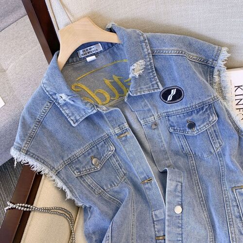 Vest with sleeveless denim coat for women's summer thin small waistcoat casual vest top for spring and autumn