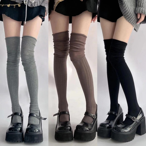 Women's calf-length socks for boots, stacked-heel style, autumn/winter pure cotton, Mélange color, long boot socks, knee-high socks, 37D