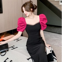 法式赫本风设计感黑色宴会晚礼服女装夏名媛气质修身泡泡袖连衣裙