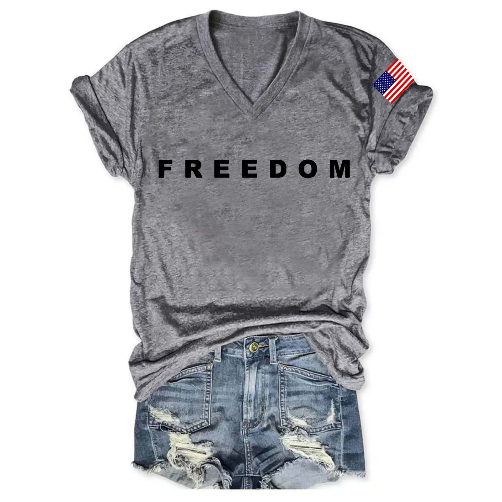 V领上衣夏女设计感双幅印 短袖套头T桖夏季爆款休闲女士上衣短袖