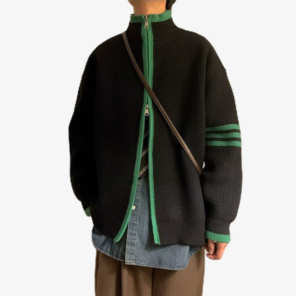 Explosiones transfronterizas de tamaño europeo de tamaño grande suéter a rayas de tres varillas de cuello masculino Cardigan chaqueta fábrica de jersey al por mayor