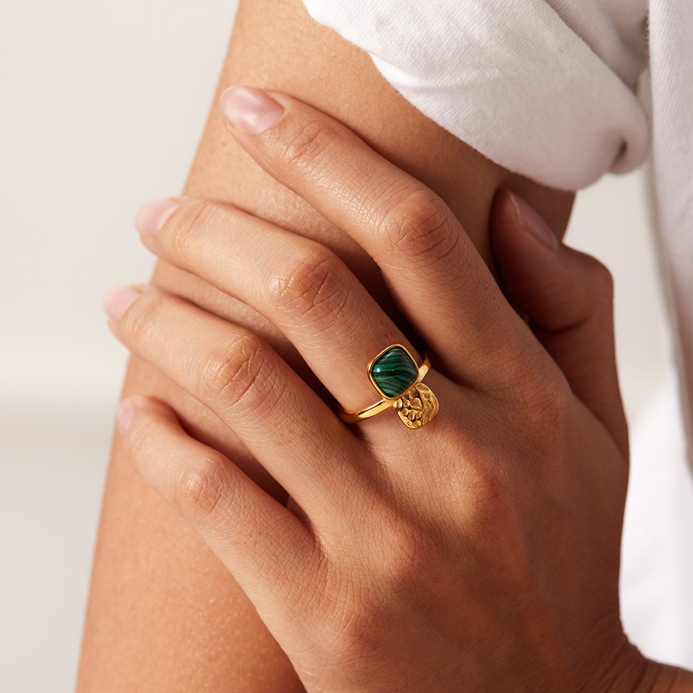 Retro Square Stainless Steel Inlay Turquoise Open Ring 1 Piece