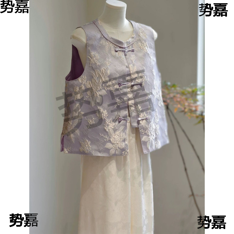 New Chinese Style Young Spring and Summer Vest Outer Vest White Round Neck High-End National Style Waistcoat Women Purple