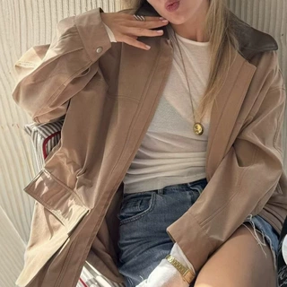 美式翻领拼接工装风衣外套女2025新款复古辣妹收腰显瘦中长款外套