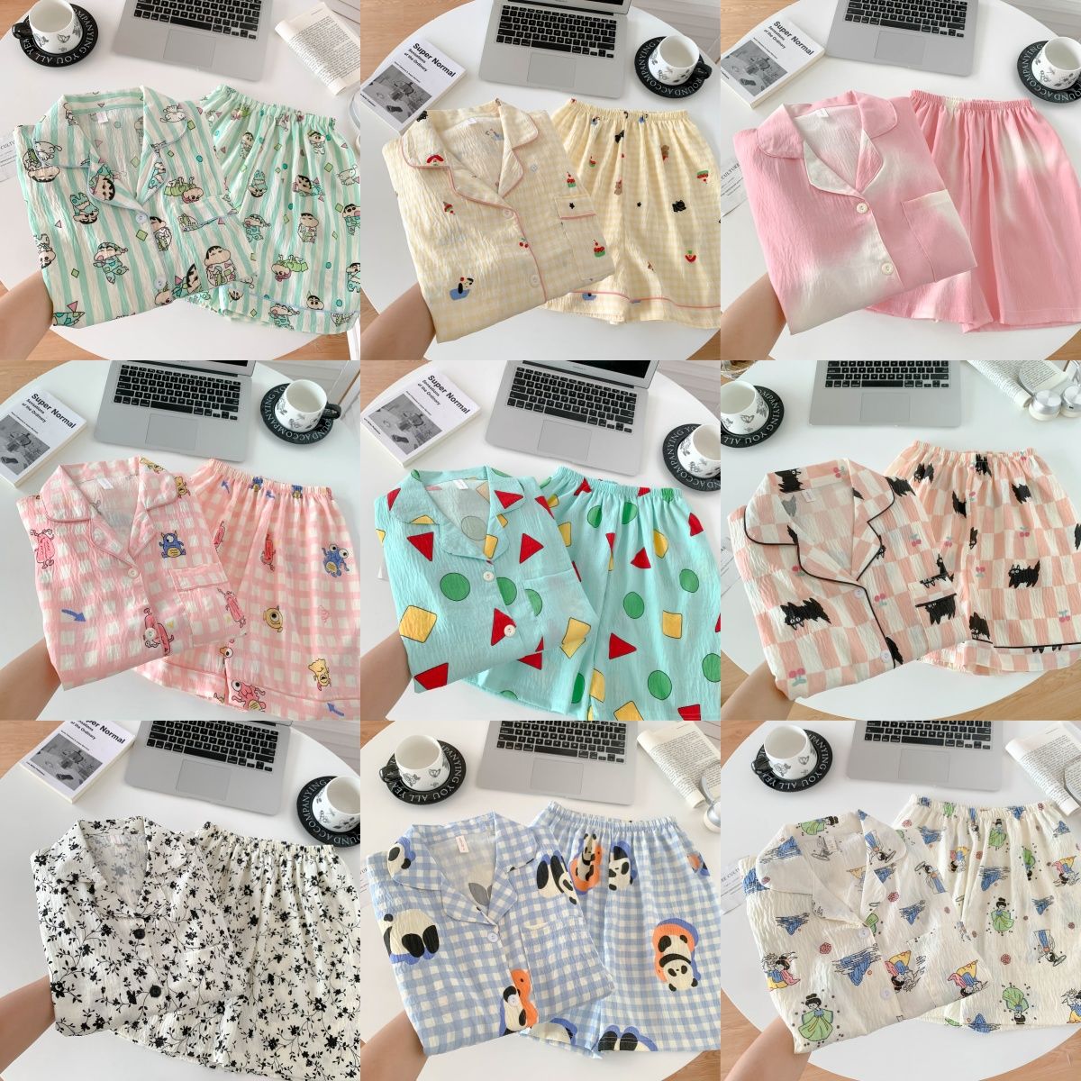 Comercio exterior transfronterizo al por mayor estilo caliente nube algodón dibujos animados pijamas de verano rebeca de mujer solapa traje de pantalones cortos de manga corta de dos piezas