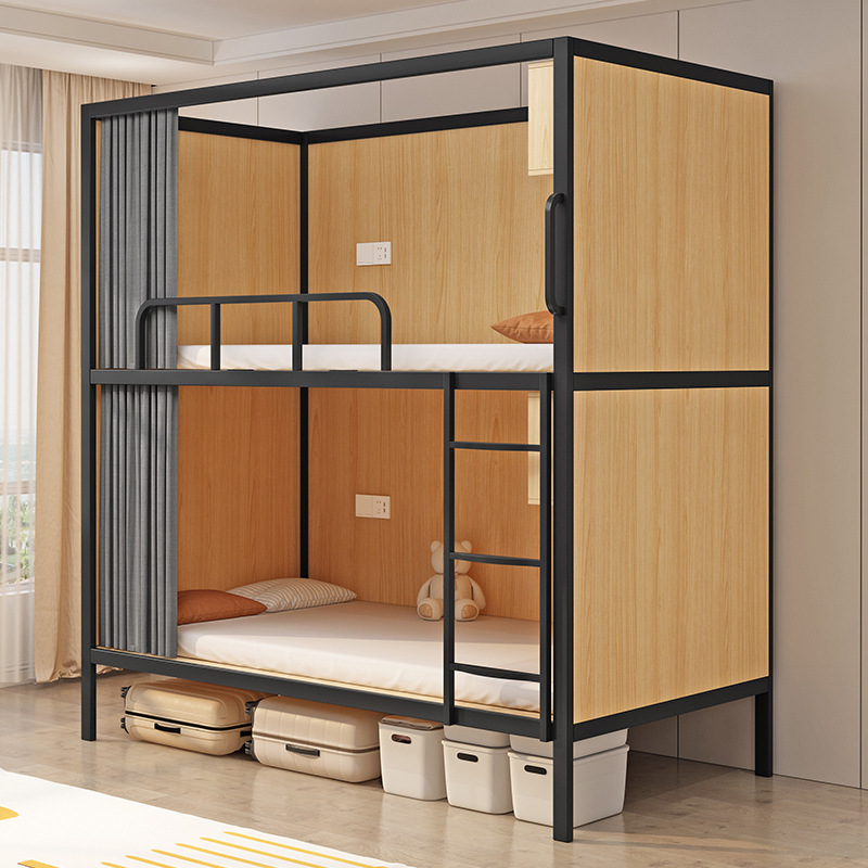 Cama tipo cápsula espacial, apartamento cápsula tipo hostal, cama de dos pisos, combinación de acero y madera, dormitorio de hotel, diseño de cápsula espacial