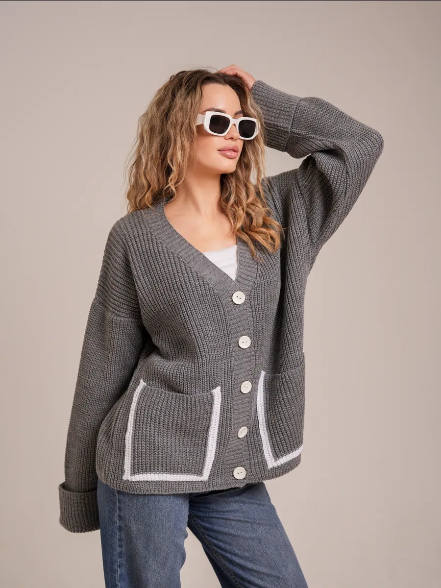 Bolsillo de comercio exterior transfronterizo color de punto Cardigan de mujer otoño invierno nuevo suéter de aguja gruesa de cuello en V image 7