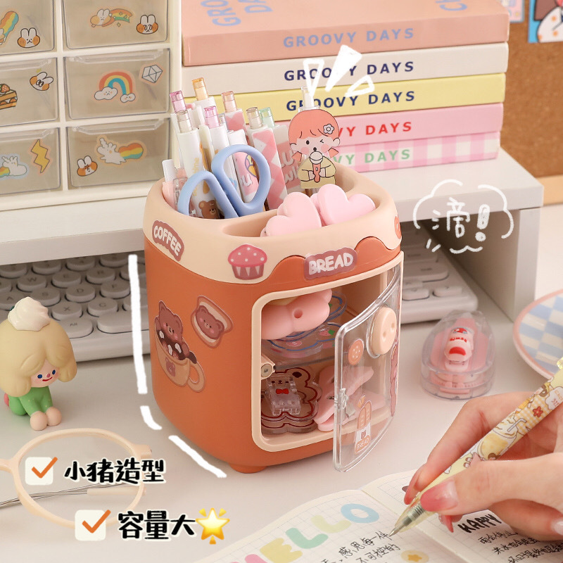 Lindo cerdo de dibujos animados titular de la pluma de gran capacidad de clasificación de almacenamiento compartimiento estudiante pluma caja de Oficina titular de la pluma al por mayor